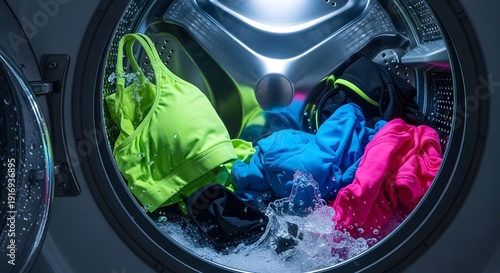How to Wash Workout Clothes: Sports Bra & Bright Athletic Apparel Cleaning in Washing Machine Drum with Water Splashes.