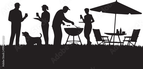 Silhouette of people grilling and relaxing outdoors with a dog