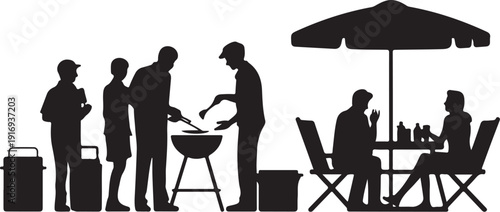 Silhouette of people grilling and sitting under an umbrella