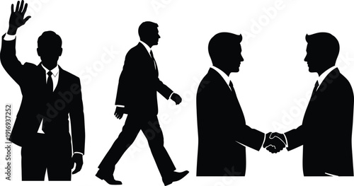 Silhouettes of four businessmen in various professional interactions