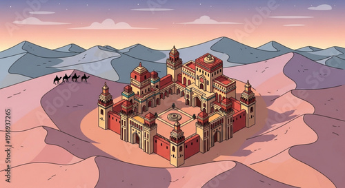 Large desert castle complex with red towers and beige walls surrounded by sand and mountains at sunset