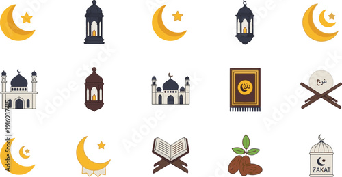 Ramadhan Kareem collection featuring vibrant Islamic icons of crescent moons, lanterns, mosques, and Quran for holy month celebrations