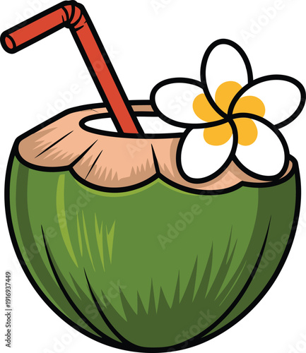 Cartoon illustration of a fresh green coconut drink with a red straw and a white plumeria flower decoration, perfect for tropical vacation and summer themes