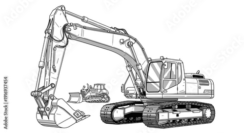 Detailed technical illustration of a large excavator on tracks with movable arm and bucket on a white background showcasing heavy machinery design.