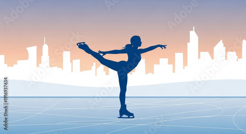 Woman ice skating in front of city skyline at sunset silhouette on frozen pond with urban landscape