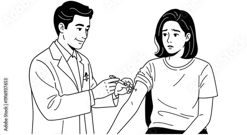 Healthcare professional administering an injection to a female patient with a calm and professional demeanor in a simple illustration style