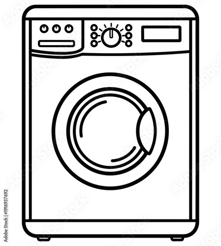 Simple line drawing of a front loading washing machine with control panel and circular door on a white background