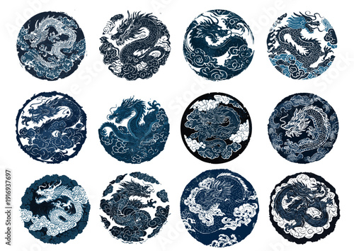 Set of 12 traditional Asian vintage grunge blue dragon circle stamp illustrations (Oriental zodiac mythical creature tattoo icon)
(동양의 십이지신 신화 생물 타투 아이콘 - 12종의 전통 아시아 빈티지 그런지 청룡 원형 스탬프 일러스트 세트)
