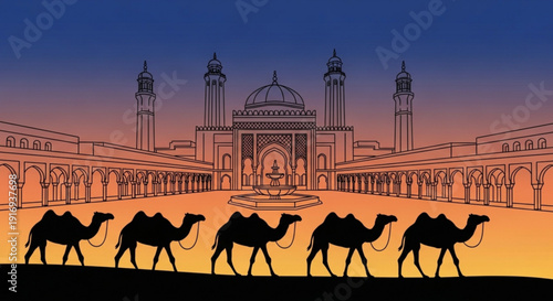Camels walking in front of a mosque at sunset with orange and blue gradient sky