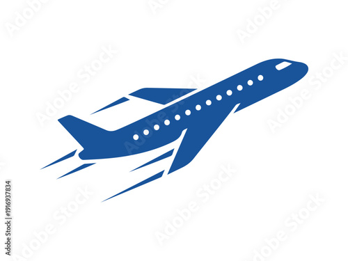 Blue airplane silhouette flying upwards with speed motion lines for travel concept