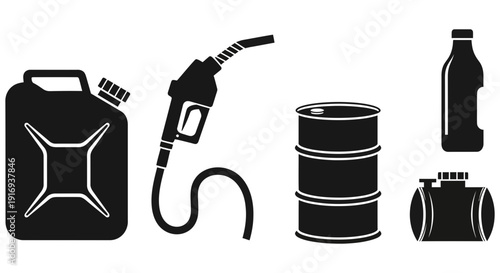 Various fuel containers and equipment silhouetted icons showcasing energy storage and transportation solutions for industrial and commercial use efficiently