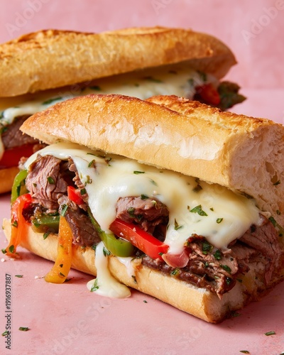 Juicy cheesesteak sandwich cut in half with tender beef, sauteed peppers, and melted cheese on a toasted hoagie roll against a pink background