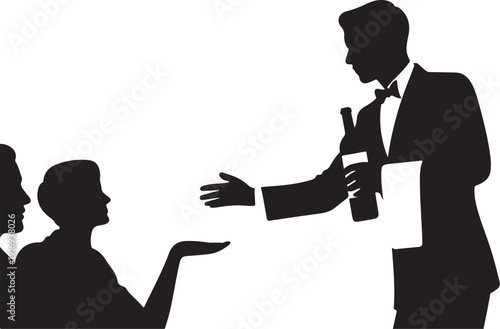 Silhouette of waiter offering wine to seated people