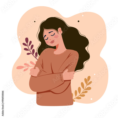 Self love concept, woman hugging herself, vector illustration in flat style