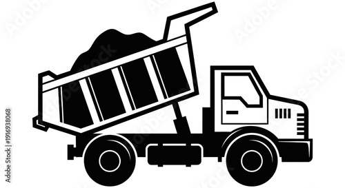 Dump truck transporting heavy construction materials with its hydraulic bed lifted for unloading heavy loads efficiently