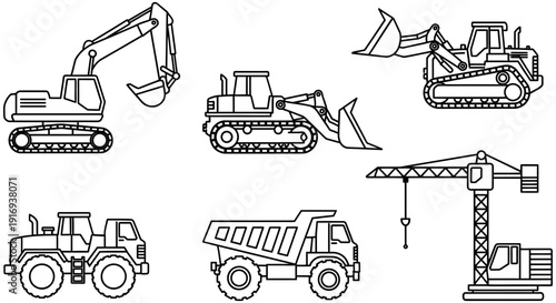 Collection of heavy construction machinery vehicles including excavators dump trucks and cranes in simple black and white line drawings