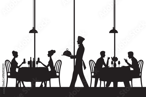 Silhouette of waiter serving guests in a restaurant
