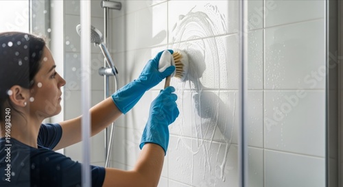Woman with Gloves Cleaning Shower Tiles with Brush and Soap