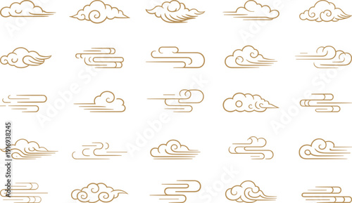 Traditional oriental cloud vector set featuring golden minimalist line art, japanese zen patterns, chinese auspicious symbols, and decorative swirls for backgrounds
