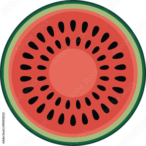 Cross section of a watermelon slice, stylized graphic illustration of a round piece of fresh summer fruit with red flesh, black seeds, and green rind