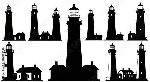 Collection of various lighthouse silhouettes showcasing different architectural styles and designs against a white background with accompanying buildings and varying tower heights