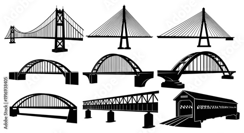 Various architectural bridge designs showcasing different styles and structures in black and white illustrations for engineering and construction projects