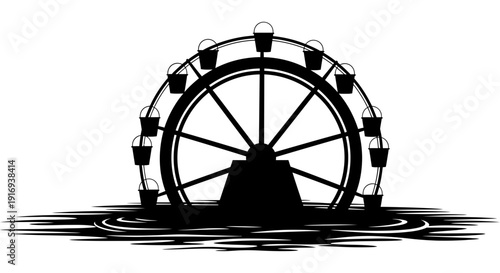 Abandoned ferris wheel partially submerged in water with ripples surrounding it in a hauntingly beautiful scene at dusk or dawn