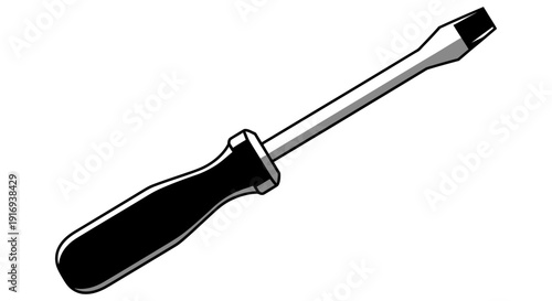 Simple black handled screwdriver with silver metal shaft and flat tip for various tasks and projects