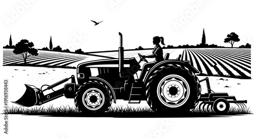 Farmer operating a tractor in a field for agricultural purposes during the daytime with crops being cultivated in the surrounding area.
