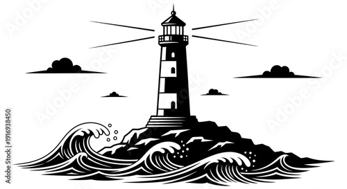 Dramatic lighthouse standing tall on rocky shore against turbulent ocean waves and dark clouds with lighthouse beam cutting through the atmosphere