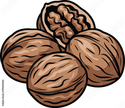 Four walnuts, one cracked open, showing the kernel inside