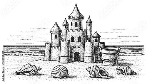 Beautiful sandcastle with towers and battlements built on the beach with seashells nearby in a whimsical illustration
