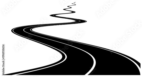 Winding asphalt road with white markings on a white background curving through a digital landscape
