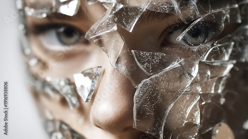 a human face reflected in shattered glass pieces, each fragment showing different emotions, concept of fragmented identity 