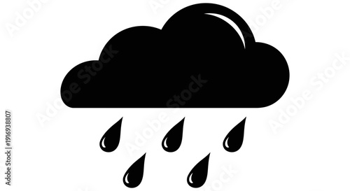 Simple black icon depicting rain cloud with raindrops falling from it on a plain white background symbolizing weather or rainy day