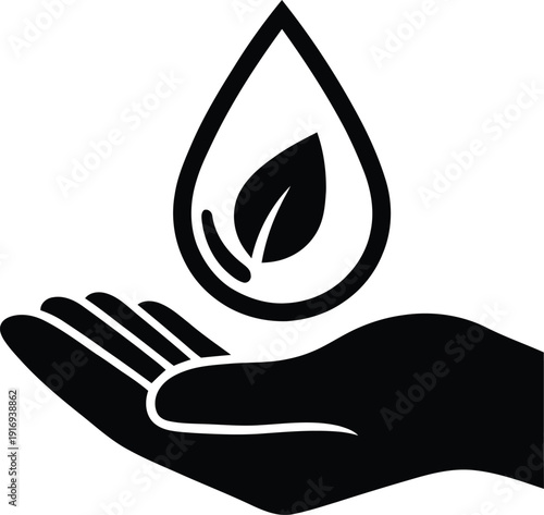 Silhouette of hand holding a droplet of water with tiny leaf inside