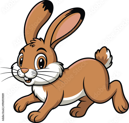 Cute cartoon brown rabbit running, funny bunny character