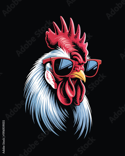 Cool Rooster Head Mascot with Sunglasses Vector Illustration for T-shirt Design