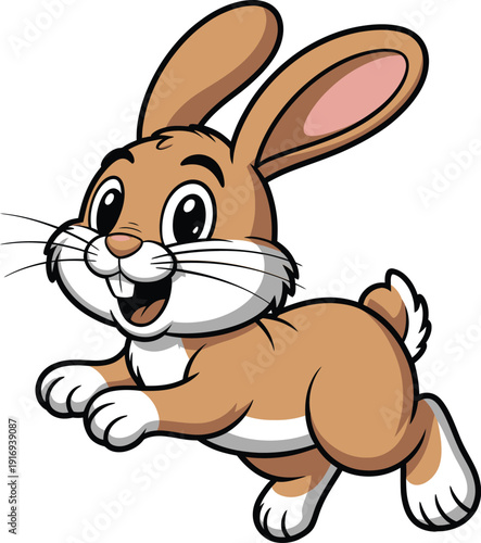 Cute cartoon brown rabbit jumping happily, vector illustration of a bunny with big ears and a cheerful expression