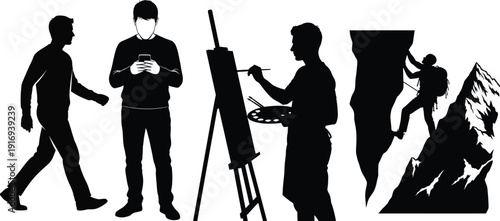 Silhouette of four men engaging in artistic and adventurous activities