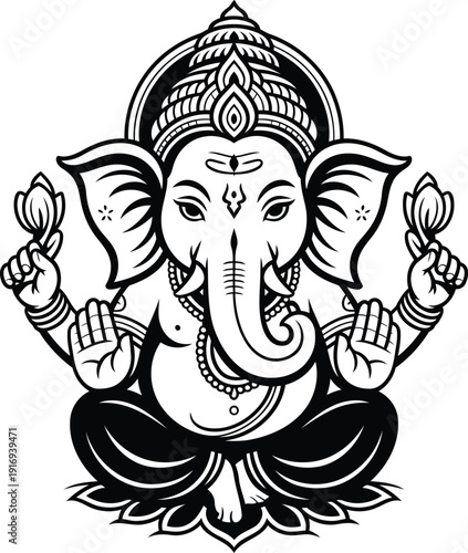 Ganesha line art vector, Hindu god ganpati black Illustration