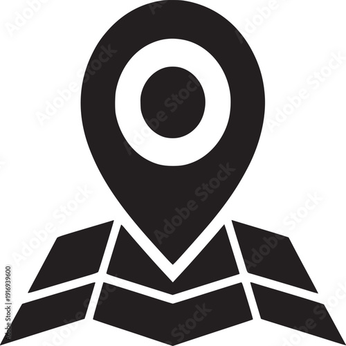 A black and white graphic of a location pin on a map showing a specific destination point area