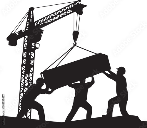 Silhouette of workers lifting a large with a crane