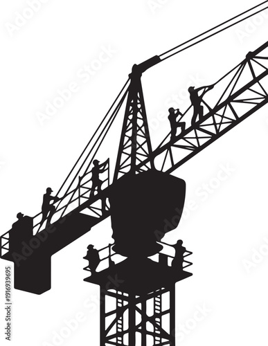 Silhouette of workers on a large industrial crane structure