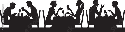 Silhouettes of people dining and drinking at tables