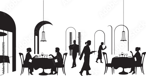 Silhouettes of people dining and serving in a restaurant interior