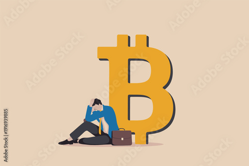 Depressed businessman sitting next to a large bitcoin symbol representing financial loss. Vector, illustration
