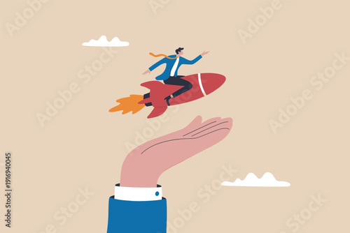 Giant hand launching a businessman on a rocket representing mentorship and startup acceleration Vector, illustration