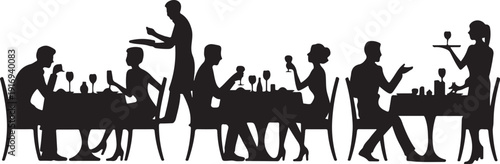 Silhouettes of people dining and serving in a restaurant