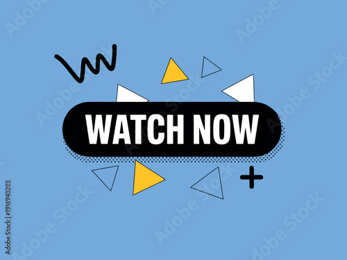 A colorful graphic with a watch now button surrounded by triangles and symbols on a blue background